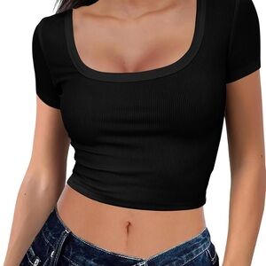 Black Fitted Crop Bodysuit with Short Sleeves
